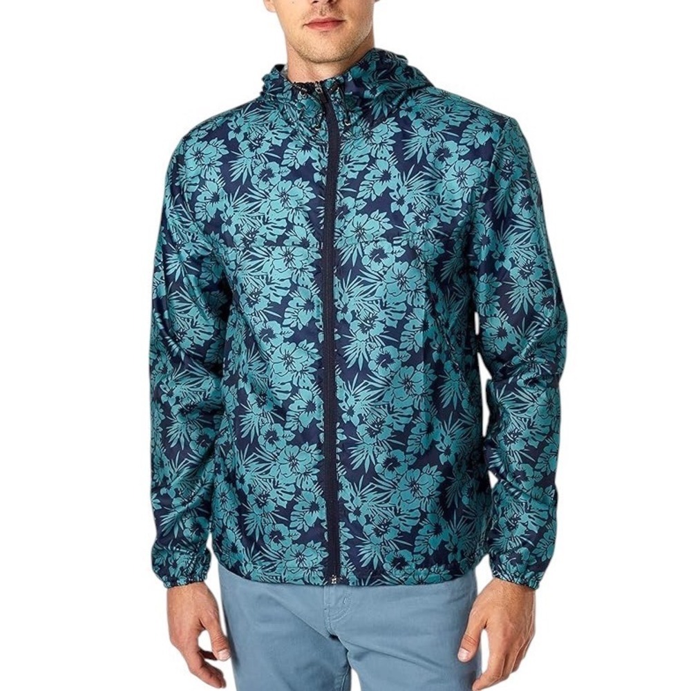 Sunrise Kingdom Alton Mens Teal Floral Tropical Windbreaker Hooded Jacket Medium